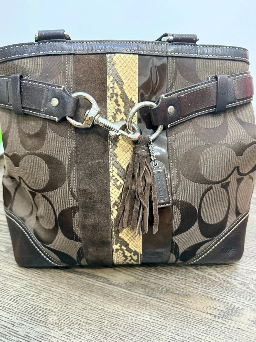 Coach Brown Signature Shoulder Tote with Snakeskin Stripe and Tassel